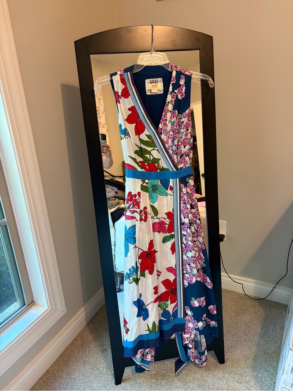 Mauve Floral Mixed-Print Sleeveless Wrap Dress in Navy, White, Red, Blue